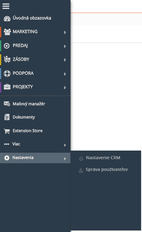 Menu CRM systému